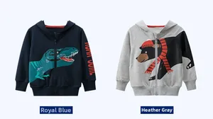 Detail of royal blue dinosaur and heather grey bear patterns on kids hooded hoodies