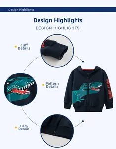 Detail view of navy blue kids dinosaur hoodie showing ribbed cuffs and roar print