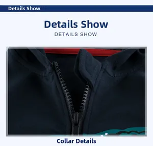 Close-up of boys navy hooded jacket with a black zipper and colorful wave pattern