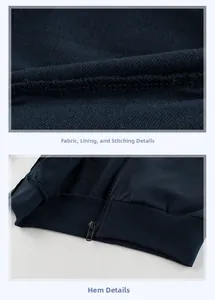 Detail of dark blue kids jacket showing inner fleece lining and reinforced stitching