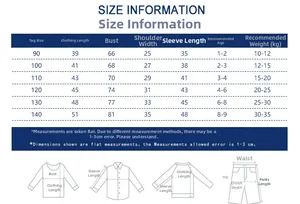 Detailed size chart for children knitwear showing measurements for ages 1 to 9 years