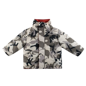 Kids reversible camouflage winter coat with high collar and orange lining