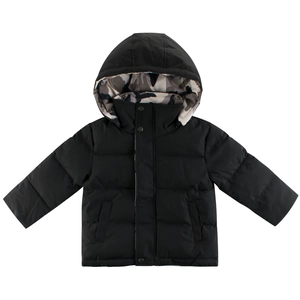 Kids black hooded puffer jacket with camouflage lining and quilted design for winter warmth