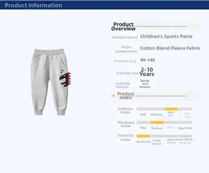 Detail view of grey fleece-lined kids jogging pants with dinosaur print and size chart