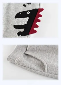 Close-up of grey kids' joggers featuring a detailed dinosaur patch and ribbed waist