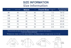 Tableau détaillé des tailles pour pantalons de sport enfant motif dinosaure