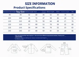 Detaillierte Größentabelle für Kinderbekleidungsset mit Maßen von 90 bis 140 cm Höhe