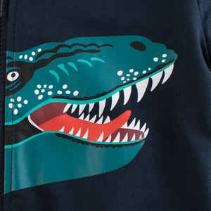 Kids navy blue hooded jacket featuring a vibrant cartoon dinosaur graphic and front zipper