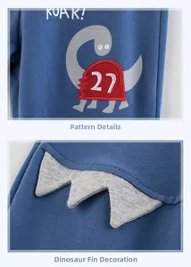 Détail du pantalon bleu enfant avec imprimé dinosaure et ailerons 3D en tissu gris