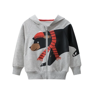 Light gray kids hooded zip-up sweatshirt with cute cartoon black bear print