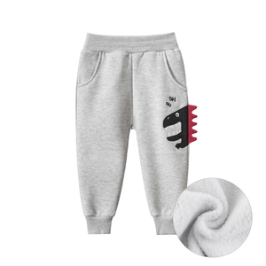 Kids grey fleece lined joggers with dinosaur print and ribbed cuffs for boys