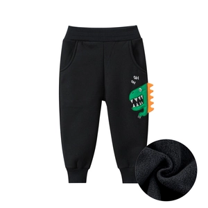 Kids black fleece joggers with green dinosaur embroidery and warm lining detail