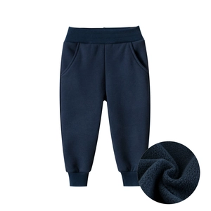 Kids warm fleece-lined jogger pants in navy blue with elastic waist and ribbed cuffs