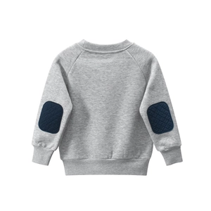 Grey long sleeve kids sweatshirt with navy quilted elbow patches on a white background