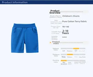 Detailed specs of blue cotton shorts for boys, showing fabric and sizing information