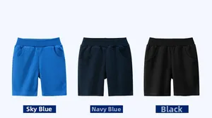Detailed flat lay of three elastic waistband cotton shorts in royal blue, navy, and black