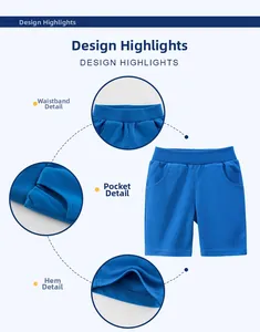 Detailed view of elastic waistband, pockets and stitching on bright blue cotton shorts