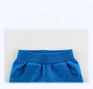 Detail showing elastic ribbed waistband and side pockets on light blue cotton shorts
