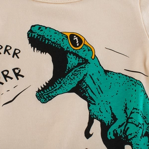 Toddler boys cotton t-shirt in beige with cute green dinosaur print and sunglasses