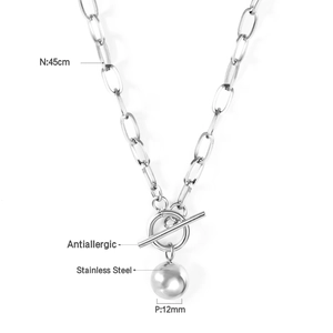 Detail of 45cm stainless steel toggle clasp necklace with 12mm ball pendant charm