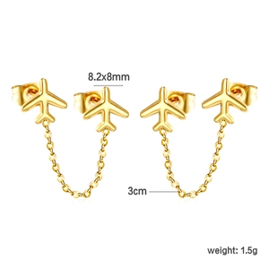 Gouden vliegtuig dubbele oorknopjes met 3cm ketting voor twee gaatjes