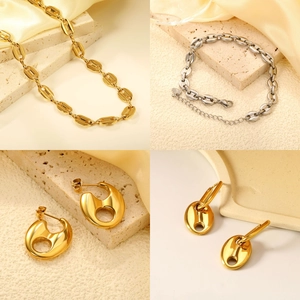 Bijoux Grain De Café Nez De Cochon Acier Inoxydable Plaqué Or 18K Collier Bracelet Boucles D'oreilles Femmes