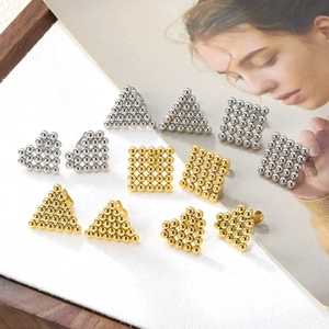 Geometric stainless steel earring set with heart, triangle, and square beaded studs