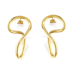 Modern irregular wave earrings in polished gold stainless steel on white background