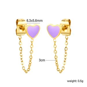Detail van paarse emaille hartoorbel met 3cm ketting en 0,5g gewichtsspecificaties