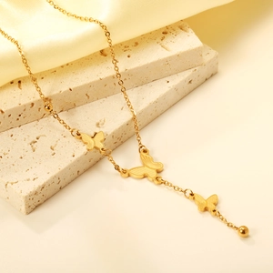 Butterfly Tassel Lariat Necklace 18K Gold Plated Stainless Steel Textured Pendant Elegant Jewelry For Women