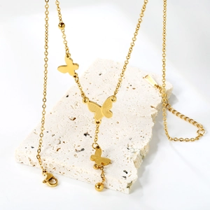 Elegant 18K gold plated stainless steel necklace featuring layered butterfly tassel pendants