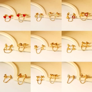 Orecchini a Catena Doppio Buco in Acciaio Inossidabile Cuore Farfalla Margherita Fiore Stella Aereo Gioielli Minimalisti Donna