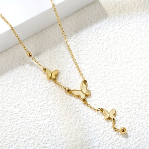 Minimalist 18K gold plated butterfly tassel necklace with engraved butterfly pendants