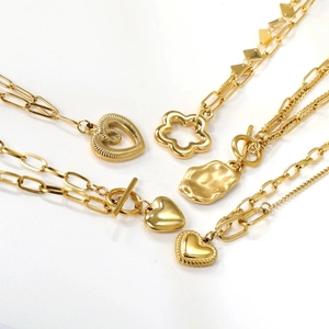 18K gold plated stainless steel heart necklaces with OT toggle clasp and floral charms