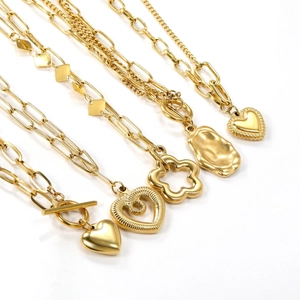 Gold plated stainless steel heart and flower necklaces with OT toggle clasp and paperclip chain
