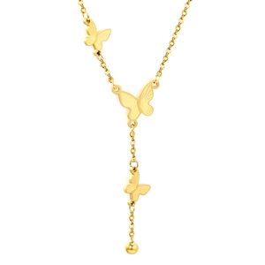 Golden stainless steel Y-shaped butterfly pendant necklace with textured matte finish