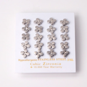 Detailed set of 20 pieces four-leaf flower studs in 316L stainless steel and zircon