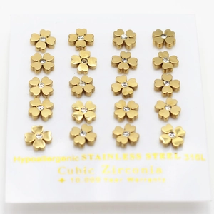 Set of 10 pairs of 316L stainless steel gold four-leaf clover earrings with cubic zirconia