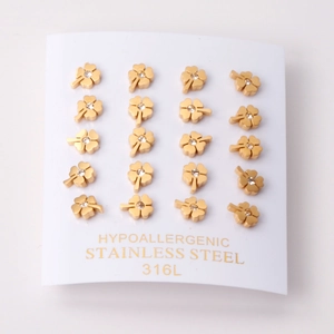 Detailed view of ten pairs of gold-plated 316L stainless steel clover stud earrings