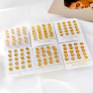 Stainless Steel Stud Earrings With Cubic Zirconia Flower Clover Shape Gold Plated Hypoallergenic Matte Finish Jewelry