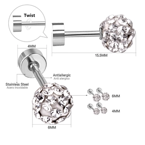 Détails des boucles d'oreilles en acier inoxydable avec diamètres de 4 mm et 6 mm et strass