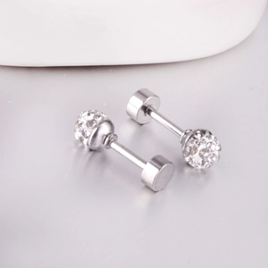 Boucles d'oreilles haltères argentées avec sphères en cristal en acier inoxydable