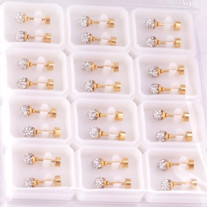 Lot de 12 paires de boucles d'oreilles en acier doré avec strass blancs pavés