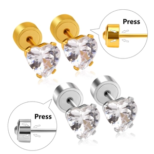 Four-prong heart cubic zirconia stud earrings in gold and silver with push-back closures