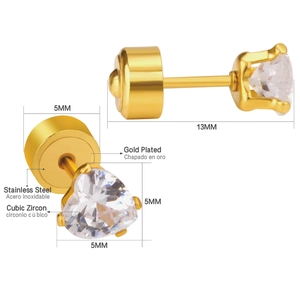Macro view of gold-plated stainless steel stud with heart cubic zirconia and screw back