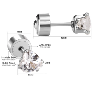 Technical drawing of 5mm heart stud earrings showing 13mm length in stainless steel
