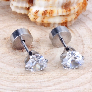 Minimalist silver stainless steel heart-shaped stud earrings with clear zircon stones