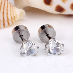 Polished stainless steel four-prong heart stud earrings with clear zircon stones