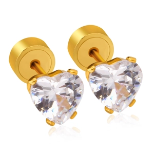 Elegant gold heart stud earrings with four-claw set cubic zirconia on white background