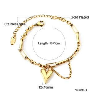 Bracelet à pendentif coeur en acier inoxydable plaqué or 18 carats avec chaîne à maillons